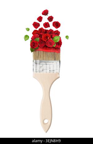 Pinsel mit roten Rosen auf weißem Hintergrund Stockfoto