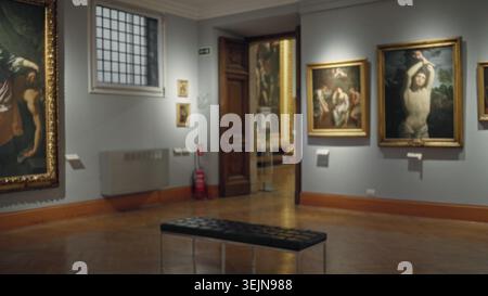 Weiches, defokussiertes Museumsinnere mit verschwommenen Galeriemalereien, Bank und Holzparkettboden in flachem Fokus, Museumshintergrund; Backplate Copyspace Stockfoto