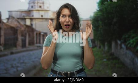 Frau mit den Händen auf einer Kopfsteinpflasterstraße in einer Altstadt, lächelnd und überrascht; Reisegedächtnis überraschend. Stockfoto