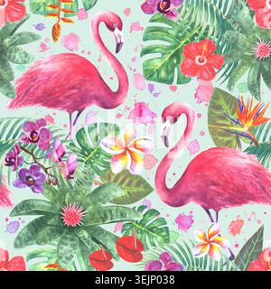 Nahtloses tropisches Muster mit rosafarbenen Flamingos, exotischen Blumen, üppigen Dschungelblättern und Aquarellspritzern auf weichem Mint-Hintergrund. Ideal für Gewebe, Stockfoto