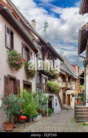 Malerische historische Straße in Eguisheim Elsass Frankreich. Traditionelle Fachwerkhäuser und Steinpflaster unter bewölktem Himmel Stockfoto