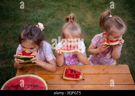 Drei Kinder genießen Wassermelone an einem sonnigen Tag im Park Stockfoto