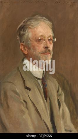 Historisches Illustrationsporträt von Charles Herbert Woodbury, US-amerikanischem Meeresmaler und -Künstler, gemalt von John Singer Sargent im Jahr 1921. Das Kunstwerk zeigt Woodbury neben einem Landschaftsgemälde in einem detailreichen Atelier Stockfoto