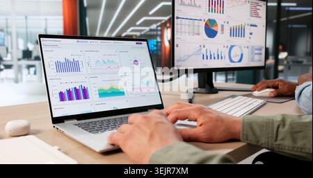Zwei Finanzanalysten Untersuchen Daten-Dashboard, Um Geschäftsentscheidungen Zu Verbessern. Stockfoto