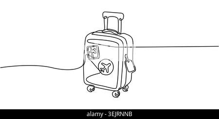 Minimalistische einzeilige Zeichnung eines Reisekoffers mit Aufklebern Stock Vektor