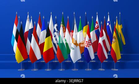 Alle Flaggen der EU-Mitgliedstaaten auf blauem Hintergrund – 3D-Rendering Stockfoto