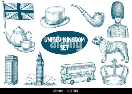 Illustrationsset im britischen Stil mit ikonischen Symbolen wie einer Teekanne, einer Telefonzelle, Big Ben und einer königlichen Garde, alles in einem Vintage Stock Vektor