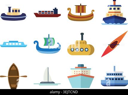 Ein buntes flaches Illustrationsset mit verschiedenen Booten und Wasserfahrzeugen Stock Vektor