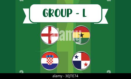 Fahnen der Gruppe L Fußballmannschaften auf grünem Hintergrund, Sportkonzept. Stock Vektor