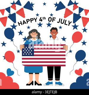 Fröhliche Feierlichkeiten zum vierten juli mit amerikanischer Flagge und diversen Paaren. Stock Vektor