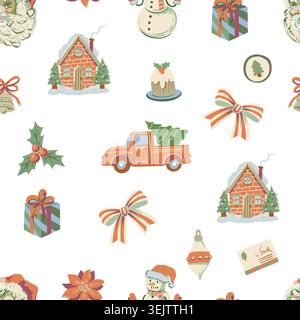 Weihnachtselemente nahtloses Muster Vintage-Feiertagsrahmen festlicher dekorativer Hintergrund für gemütliche Projekte der Saison Stock Vektor