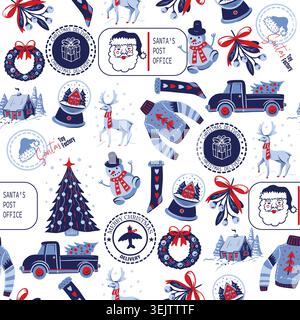 Weihnachten Nahtlose Muster Vintage Weihnachtsmann Schneemann Rentier Baum Kranz Geschenk Pullover Stock Vektor
