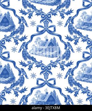 Vintage christmas Toile Barock nahtlose Winter Cottage Band Ornament Muster Design Stock Vektor