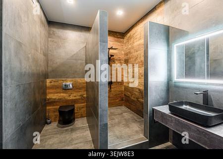 Das moderne, minimalistische Badezimmer ist mit grauen Fliesen, Holzakzenten, einer begehbaren Dusche und einem eleganten schwarzen Waschbecken und einer Toilette ausgestattet. Die sauberen Leitungen und Industrie Stockfoto