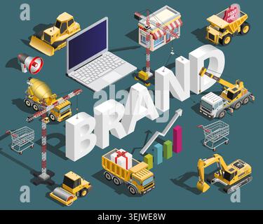 Markentext isometrisches Gebäudekonzept mit Baumaschinen, Marketing und E-Commerce-Elementen Vektorillustration Stock Vektor