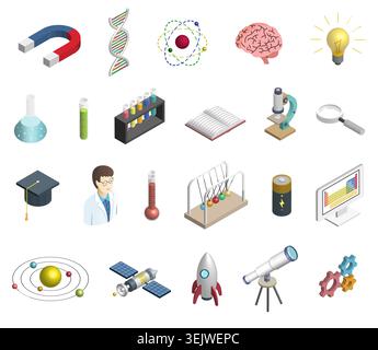 Isometrische Symbole für Wissenschaft und Bildung. Laborforschung und Schulausrüstung Vektor-Illustration Sammlung Stock Vektor