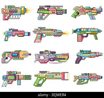 Buntes Pixel-Art-Sci-fi-Waffenset, futuristische Laserpistolen und Retro-Space-Blaster. Vektorabbildung. Jedes Quadrat hat eine Größe von 10x10 Pixeln Stock Vektor