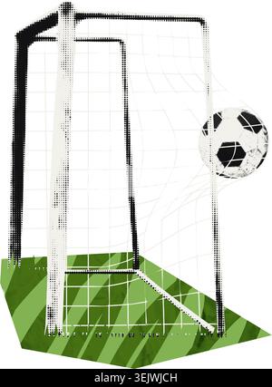 Fußballtor mit Ball, der die Netzvektor-Illustration trifft Stock Vektor