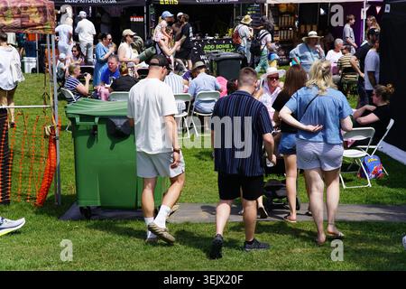 Sonniges Sommerfest, das an Imbissständen teilnimmt und sich auf dem Gras entspannt, während die Leute an einem grünen Abfalleimer in einer lebhaften Marktszene vorbeilaufen. Stockfoto