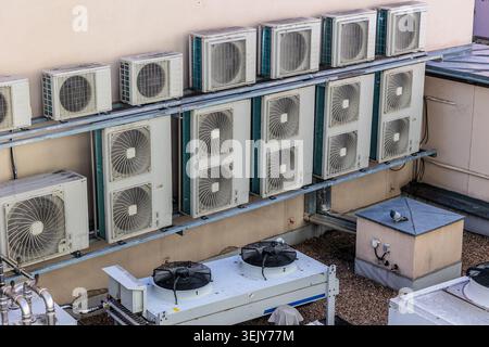 Mehrere Klimaanlagen- und HLK-Kondensatoreinheiten, die auf einem gewerblichen Dach und einer gewerblichen Wand montiert sind und den Zugang zu Außenventilatoren, Rohrleitungen und Wartungseinrichtungen mit zeigen Stockfoto