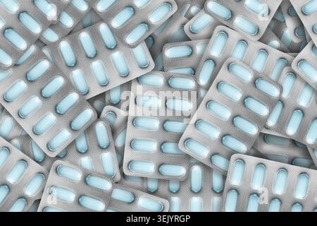 Gemischte pharmazeutische Blisterpackungen, die zusammen angeordnet sind. Medizinischer Verpackungshintergrund für Medikamente und Pharmazeutika. Stockfoto