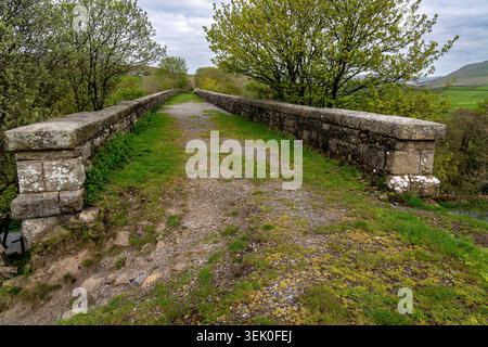 Blick auf die stillgelegte Steinbahn, die über das Appersett Viadukt führt, flankiert von grünen Bäumen und Feldern unter bewölktem Himmel Stockfoto