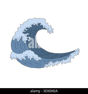 Ozeanwelle Curling in Meer Vektor-Grafik-Illustration. Handgezeichnet dynamische, marineblaue Wasserspritzer, Schaum, Surfen. Sea Wave Design Element mit Schaum Stock Vektor