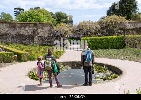 Besucher des ummauerten Blumengartens mit Blick auf einen Teich mit Seerosen und Wisterien in den formell gestalteten Lost Gardens von Heligan, Cornwall, Großbritannien Stockfoto