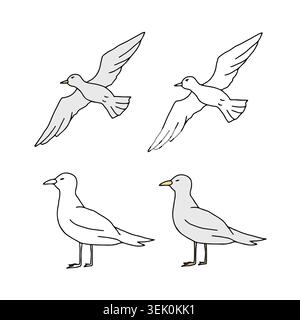 Möwen setzen im Himmel fliegen Vektor-Grafik-Illustration. Meeresvögel kritzeln Silhouetten isoliert auf weißem Hintergrund. Nautische Designelemente für Stock Vektor