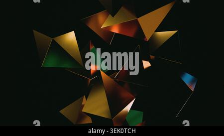 Körniges abstraktes 3D-Rendering scharfer polygonaler Formen mit farbenfrohen Lichtaustritt. Stockfoto