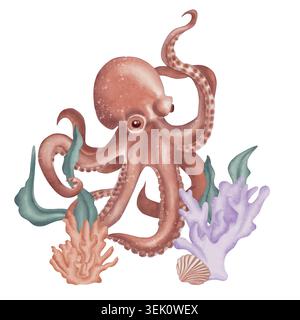 Ein Oktopus umgeben von Korallen und Algen. Aquarellabbildung mit Meerestieren und -Pflanzen. Stockfoto