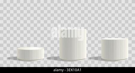 Marmorskulptur Podium bg, Produktstand der 3D-Säule. Satz mit drei Zylindern isoliert. Weißer Sockel, elegante Plattform. Pastell-kosmetisches Museum Bühne Stock Vektor