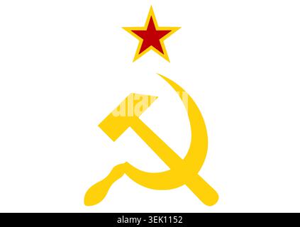 Roter fünfspitzer Stern mit gelbem Hammer und Sichel auf weißem isoliertem Hintergrund. Symbol des totalitären und diktatorischen Staates der UdSSR. Vektor krank Stock Vektor