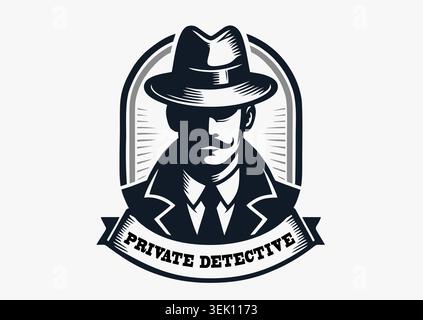 Silhouette des Mannes in Hut und Anzug auf weißem Hintergrund Vektor. Schwarz-weiß-Bild, Retro-amerikanischer Privatdetektiv-Stil, Poster, Schild, Piktogramm Stock Vektor