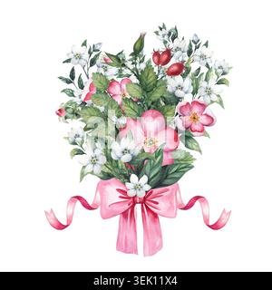 Elegantes Aquarellstrauß mit Hagebuttenblüten, Jasminblüten und rosa Schleife. Handgemalt isoliert auf Hintergrund Stockfoto
