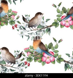 Nahtloses Aquarellmuster mit Hagebutten- und Jasminzweigen, robinvögeln und Zaunern. Handgemaltes botanisches Walddesign Stockfoto