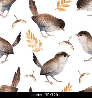 Nahtloses Aquarellmuster mit Wrens, gelben Herbstzweigen, Ahornsamen. Handgemaltes Walddesign isoliert auf Hintergrund Stockfoto
