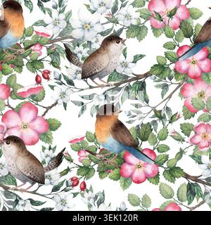 Nahtloses Aquarellmuster mit Hagebutten- und Jasminzweigen, robinvögeln und Zaunern. Handgemaltes botanisches Walddesign Stockfoto