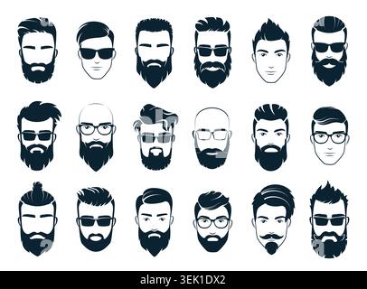 Set von stilvollen männlichen Friseurköpfen mit trendigen Frisuren, Bärten, Schnurrbart, Brille und Sonnenbrille in flachem Avatar-Stil lokalisiert auf weißem Hintergrund Vektor-Illustration Stock Vektor