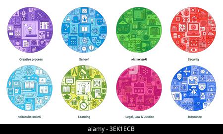 Bunte kreisförmige Konzeptsymbole für kreative Prozesse, Schule, Immobilien, Sicherheit, Online-Bildung, lernen, Recht, Justiz und Versicherung isoliert auf weißem Hintergrund Vektor Illustration Stock Vektor