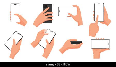 Satz menschlicher Hände, die Smartphones im hoch- und Querformat verwenden, mit Tippen, Halten, mobilen Interaktionswinkeln für App, Gerät, Bildschirmmockups auf weißem Hintergrund Vektorillustration Stock Vektor