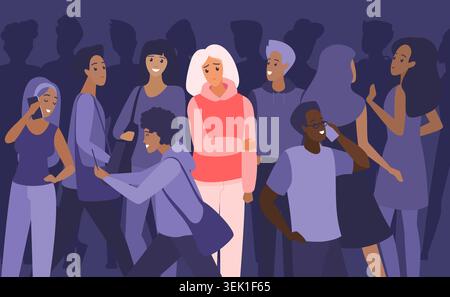 Traurige junge Frau steht allein in einer viel beschäftigten Menge und zeigt Einsamkeit, soziale Angst, Ausgrenzung und emotionale Isolation im öffentlichen Leben und in der städtischen Gesellschaft Vektorillustration Stock Vektor