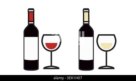 Rot- und Weißweinflasche mit Glasset: Elegante Behälter für alkoholische Getränke für Restaurantmenüs, Weinprobe und Markenzeichen für Weingüter, isolierter Vect Stock Vektor