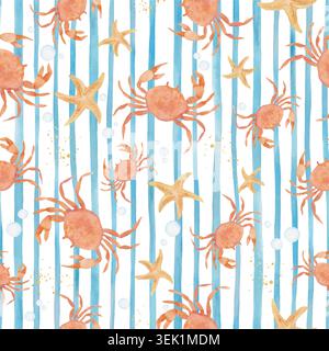 Aquarell niedliche Krabbe, Seestern nahtloses Muster, nautischer blau gestreifter Hintergrund mit Korallenkrabben, Sea Life for Kids Stoff, Wallpaper. Vektor-EPS. Stock Vektor