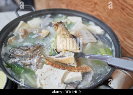 Koreanische halbgetrocknete Steinfischsuppe, Ureok-jeotguk. Eine Kelle hebt festen Fisch aus einer reichhaltigen Milchbrühe mit Tofu und grünen Zwiebeln in einem rustikalen dunklen Topf. Stockfoto