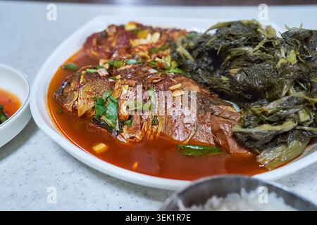Traditionelles koreanisches Siraegi Bungeojjim mit scharfgeschmortem Karpfen und getrocknetem Rettichgrün in einer reichhaltigen roten Sauce, serviert mit einer Schüssel Reis. Stockfoto