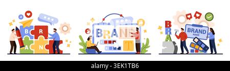 Team von Mitarbeitern, die eine Markenidentität mit Buchstaben, Logoelementen, Farben, Zahnrädern, Chat-Blasen, Symbole für Marketingstrategie und Kommunikation auf Vektorillustration mit weißem Hintergrund Stock Vektor