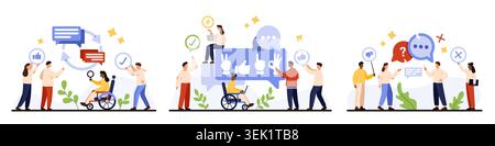 Menschen, die an inklusiven Kommunikationsszenen mit Sprechblasen, Feedback-Symbolen, Rollstuhlbenutzern, Teamwork, Social-Media-Chats, moderner flacher Stil isoliert auf weißer Vektor-Illustration Stock Vektor