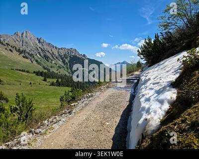 Österreich, felsige Alpenlandschaft mit Blick auf tiefe Täler Wälder und atemberaubende Bergpanoramen vom Hahnenkamm Stockfoto