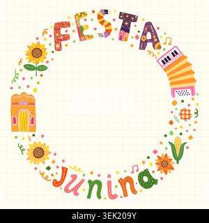 Niedlicher Festa Junina Vektor-Rahmen mit handgemaltem Text, Sonnenblume, Akkordeon, Mais, brasilianische Festival-Grenze Stock Vektor